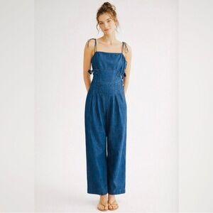 NWT Free People Wide Leg Brittany Denim Jumpsuit Side Button Blue Size 8